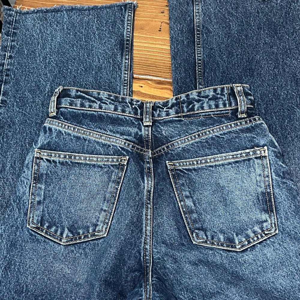 Zara Dark Blue Denim High Waist Wide Leg Jeans Pants Frayed Hem - Picture 5 of 8